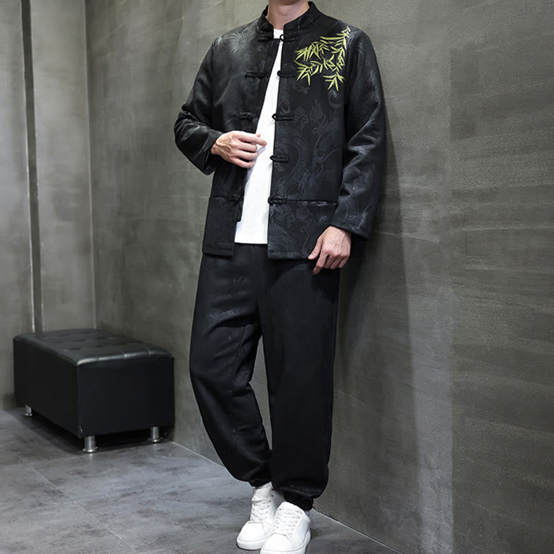 Buddha Stones 2 szt. Wiosenny smok bambusowe chmury męski garnitur Tang z żabą na guziki, bawełniana kurtka z długim rękawem i spodnie z kieszeniami - image 25