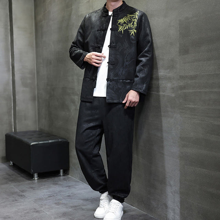 Buddha Stones 2 szt. Wiosenny smok bambusowe chmury męski garnitur Tang z żabą na guziki, bawełniana kurtka z długim rękawem i spodnie z kieszeniami - image 25