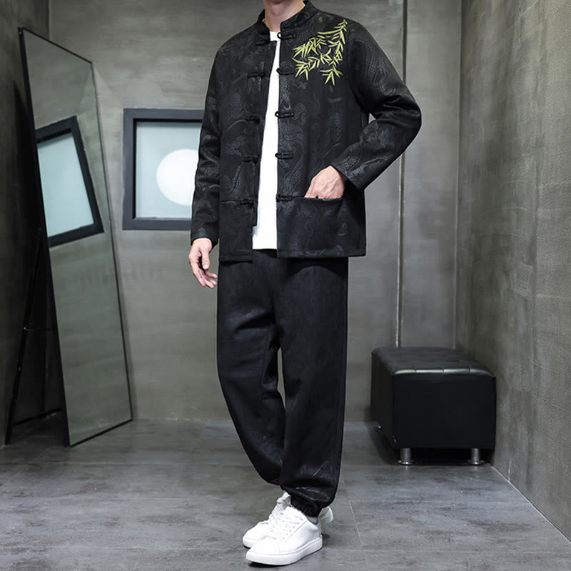 Buddha Stones 2 szt. Wiosenny smok bambusowe chmury męski garnitur Tang z żabą na guziki, bawełniana kurtka z długim rękawem i spodnie z kieszeniami - image 23