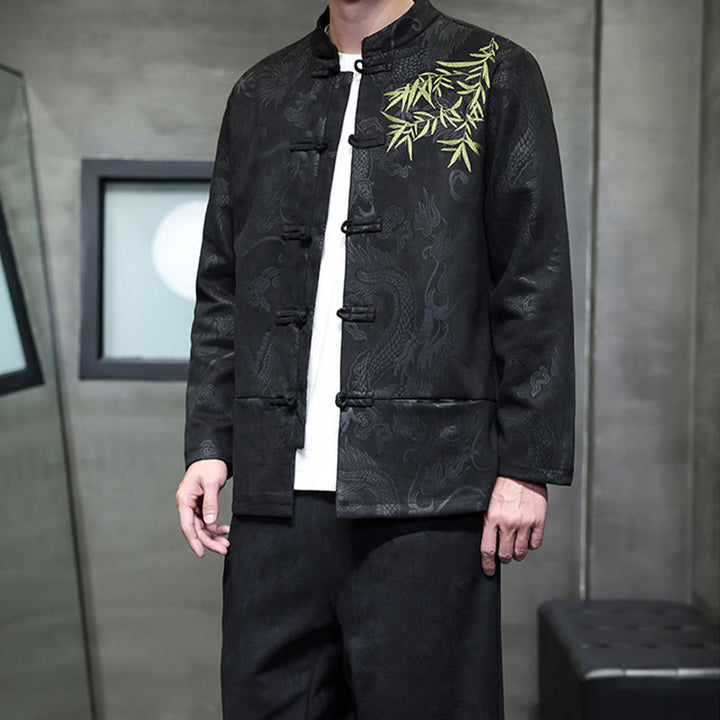 Buddha Stones 2 szt. Wiosenny smok bambusowe chmury męski garnitur Tang z żabą na guziki, bawełniana kurtka z długim rękawem i spodnie z kieszeniami - image 29