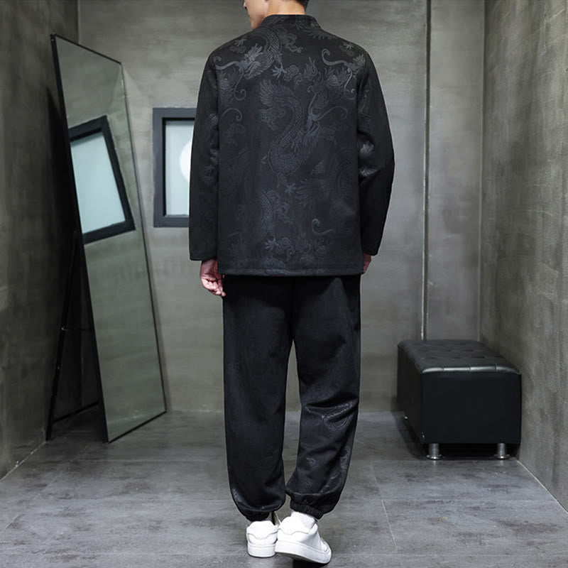 Buddha Stones 2 szt. Wiosenny smok bambusowe chmury męski garnitur Tang z żabą na guziki, bawełniana kurtka z długim rękawem i spodnie z kieszeniami - image 24