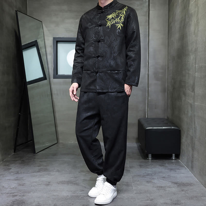 Buddha Stones 2 szt. Wiosenny smok bambusowe chmury męski garnitur Tang z żabą na guziki, bawełniana kurtka z długim rękawem i spodnie z kieszeniami - image 26