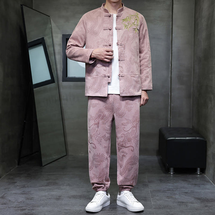 Buddha Stones 2 szt. Wiosenny smok bambusowe chmury męski garnitur Tang z żabą na guziki, bawełniana kurtka z długim rękawem i spodnie z kieszeniami - image 34