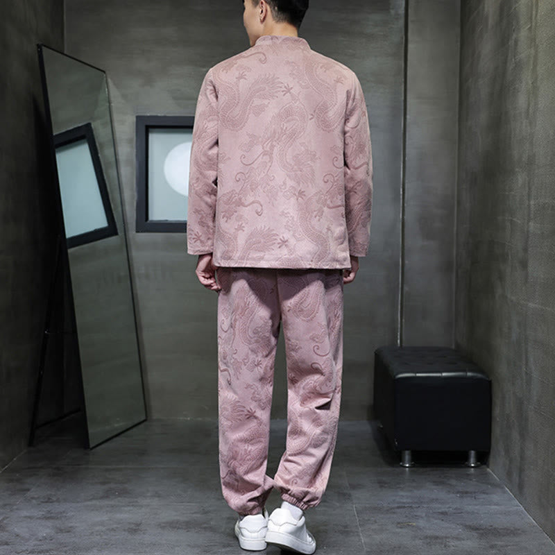 Buddha Stones 2 szt. Wiosenny smok bambusowe chmury męski garnitur Tang z żabą na guziki, bawełniana kurtka z długim rękawem i spodnie z kieszeniami - image 33