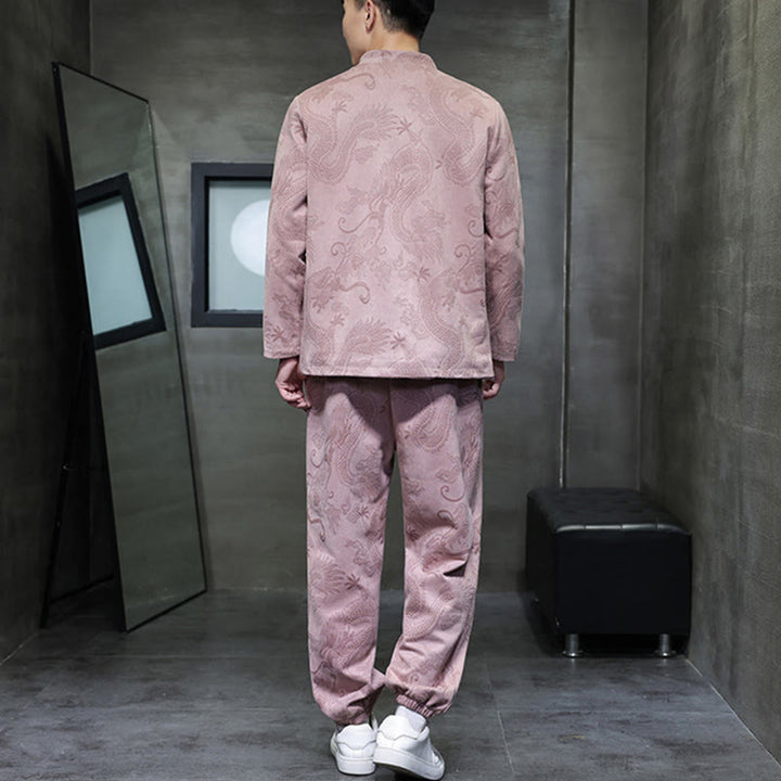 Buddha Stones 2 szt. Wiosenny smok bambusowe chmury męski garnitur Tang z żabą na guziki, bawełniana kurtka z długim rękawem i spodnie z kieszeniami - image 33