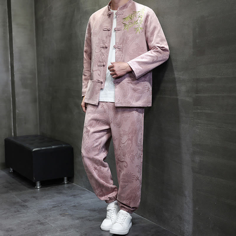 Buddha Stones 2 szt. Wiosenny smok bambusowe chmury męski garnitur Tang z żabą na guziki, bawełniana kurtka z długim rękawem i spodnie z kieszeniami - image 36