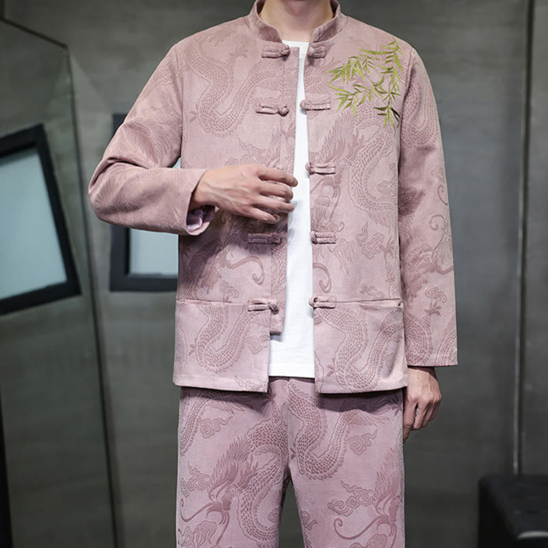 Buddha Stones 2 szt. Wiosenny smok bambusowe chmury męski garnitur Tang z żabą na guziki, bawełniana kurtka z długim rękawem i spodnie z kieszeniami - image 38