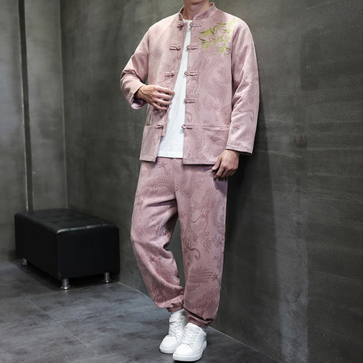 Buddha Stones 2 szt. Wiosenny smok bambusowe chmury męski garnitur Tang z żabą na guziki, bawełniana kurtka z długim rękawem i spodnie z kieszeniami - image 32