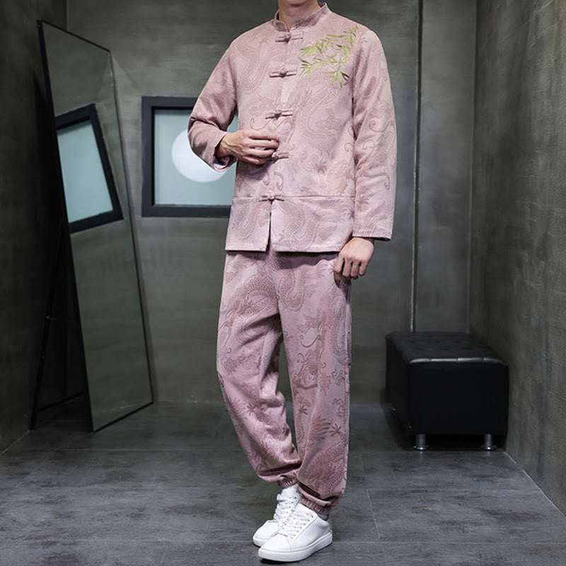 Buddha Stones 2 szt. Wiosenny smok bambusowe chmury męski garnitur Tang z żabą na guziki, bawełniana kurtka z długim rękawem i spodnie z kieszeniami - image 37
