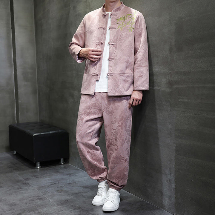 Buddha Stones 2 szt. Wiosenny smok bambusowe chmury męski garnitur Tang z żabą na guziki, bawełniana kurtka z długim rękawem i spodnie z kieszeniami - image 35