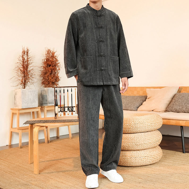 Buddha Stones, 2 szt., zimowy, gruby męski garnitur Tang, zapinany na guziki żabki, bawełniany sztruks, kurtka z długim rękawem i spodnie z kieszeniami - Szary - US/UK/AU46， EU56 (5XL) - image 8