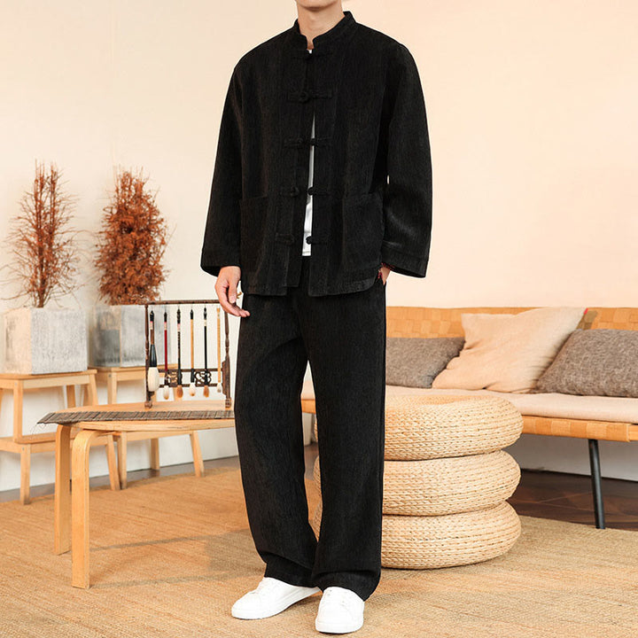 Buddha Stones, 2 szt., zimowy, gruby męski garnitur Tang, zapinany na guziki żabki, bawełniany sztruks, kurtka z długim rękawem i spodnie z kieszeniami - Czarny - US/UK/AU46， EU56 (5XL) - image 22