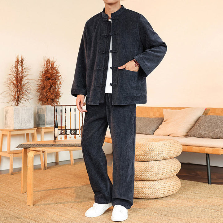 Buddha Stones, 2 szt., zimowy, gruby męski garnitur Tang, zapinany na guziki żabki, bawełniany sztruks, kurtka z długim rękawem i spodnie z kieszeniami - image 1