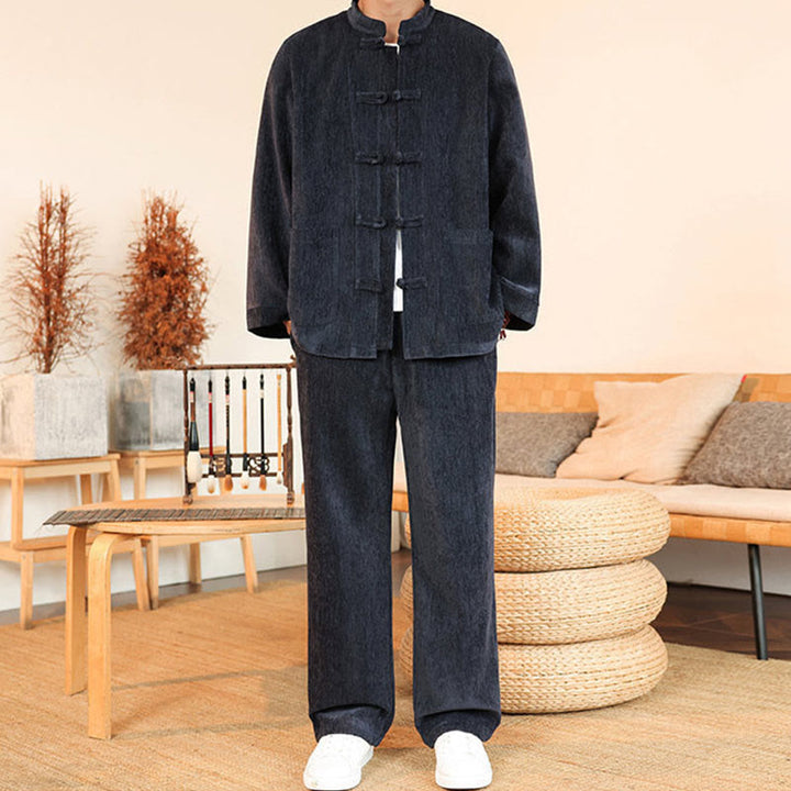 Buddha Stones, 2 szt., zimowy, gruby męski garnitur Tang, zapinany na guziki żabki, bawełniany sztruks, kurtka z długim rękawem i spodnie z kieszeniami - Łupkowoszary - US/UK/AU46， EU56 (5XL) - image 0