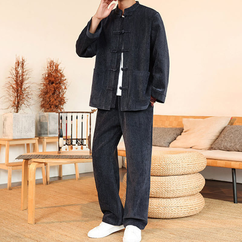 Buddha Stones, 2 szt., zimowy, gruby męski garnitur Tang, zapinany na guziki żabki, bawełniany sztruks, kurtka z długim rękawem i spodnie z kieszeniami - image 3