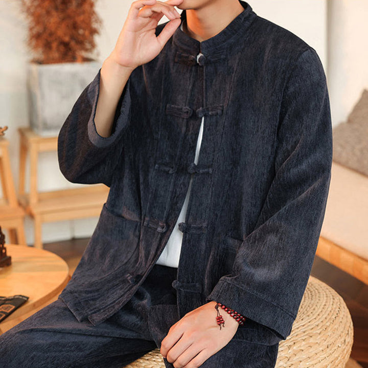 Buddha Stones, 2 szt., zimowy, gruby męski garnitur Tang, zapinany na guziki żabki, bawełniany sztruks, kurtka z długim rękawem i spodnie z kieszeniami - image 6