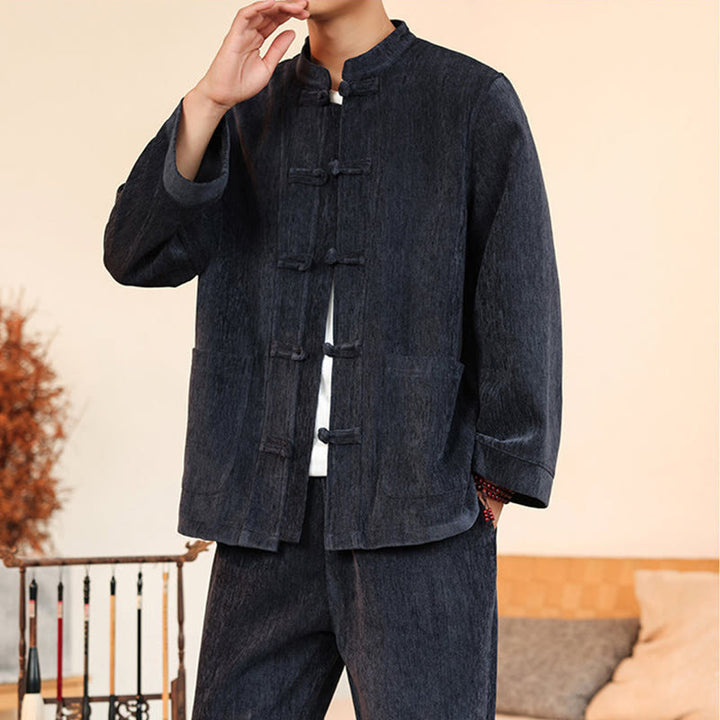 Buddha Stones, 2 szt., zimowy, gruby męski garnitur Tang, zapinany na guziki żabki, bawełniany sztruks, kurtka z długim rękawem i spodnie z kieszeniami - image 7