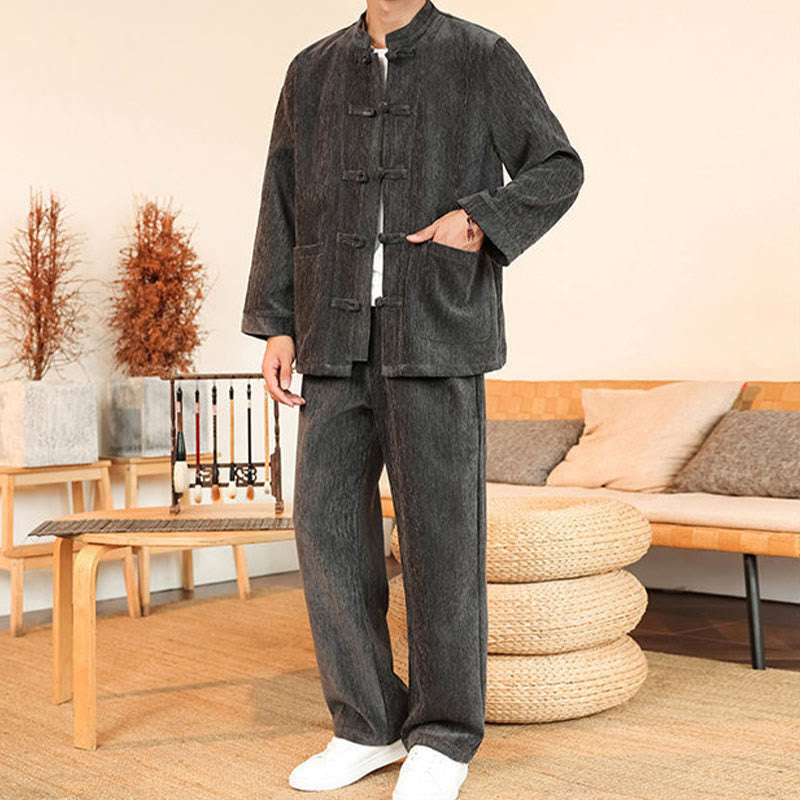 Buddha Stones, 2 szt., zimowy, gruby męski garnitur Tang, zapinany na guziki żabki, bawełniany sztruks, kurtka z długim rękawem i spodnie z kieszeniami - image 9