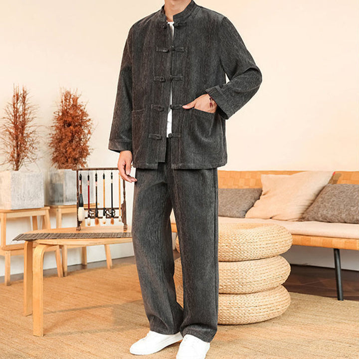 Buddha Stones, 2 szt., zimowy, gruby męski garnitur Tang, zapinany na guziki żabki, bawełniany sztruks, kurtka z długim rękawem i spodnie z kieszeniami - image 9