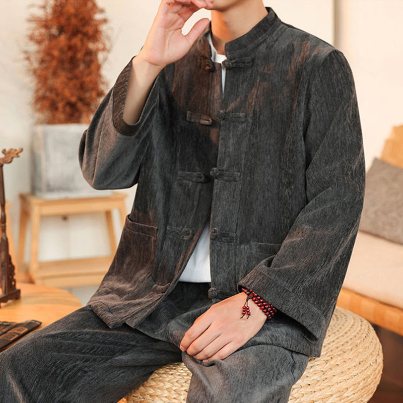 Buddha Stones, 2 szt., zimowy, gruby męski garnitur Tang, zapinany na guziki żabki, bawełniany sztruks, kurtka z długim rękawem i spodnie z kieszeniami - image 16