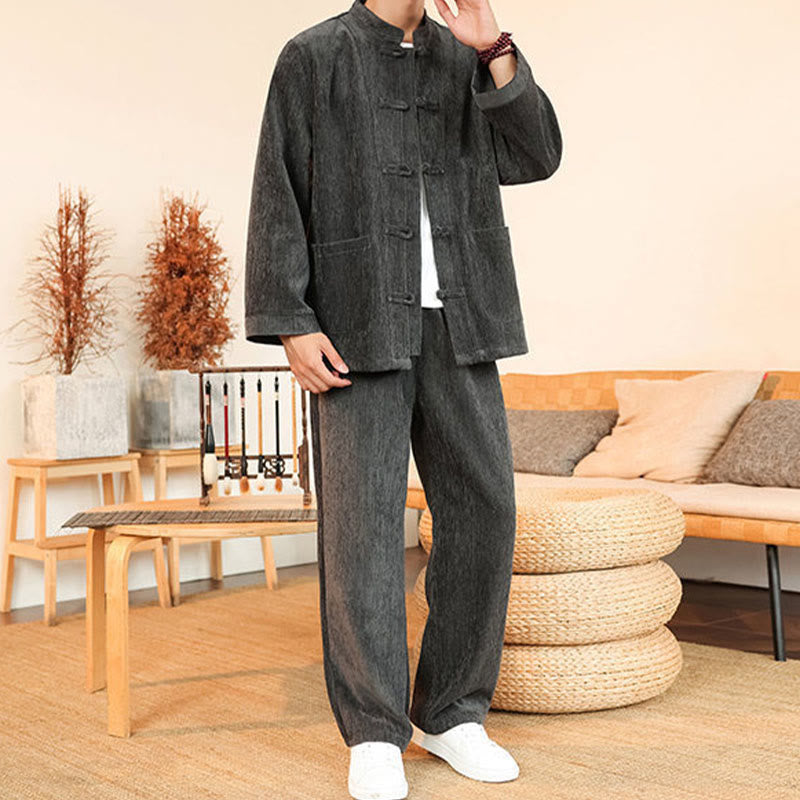 Buddha Stones, 2 szt., zimowy, gruby męski garnitur Tang, zapinany na guziki żabki, bawełniany sztruks, kurtka z długim rękawem i spodnie z kieszeniami - image 15