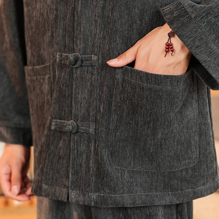 Buddha Stones, 2 szt., zimowy, gruby męski garnitur Tang, zapinany na guziki żabki, bawełniany sztruks, kurtka z długim rękawem i spodnie z kieszeniami - image 18