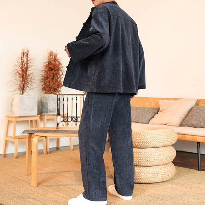 Buddha Stones, 2 szt., zimowy, gruby męski garnitur Tang, zapinany na guziki żabki, bawełniany sztruks, kurtka z długim rękawem i spodnie z kieszeniami - image 11