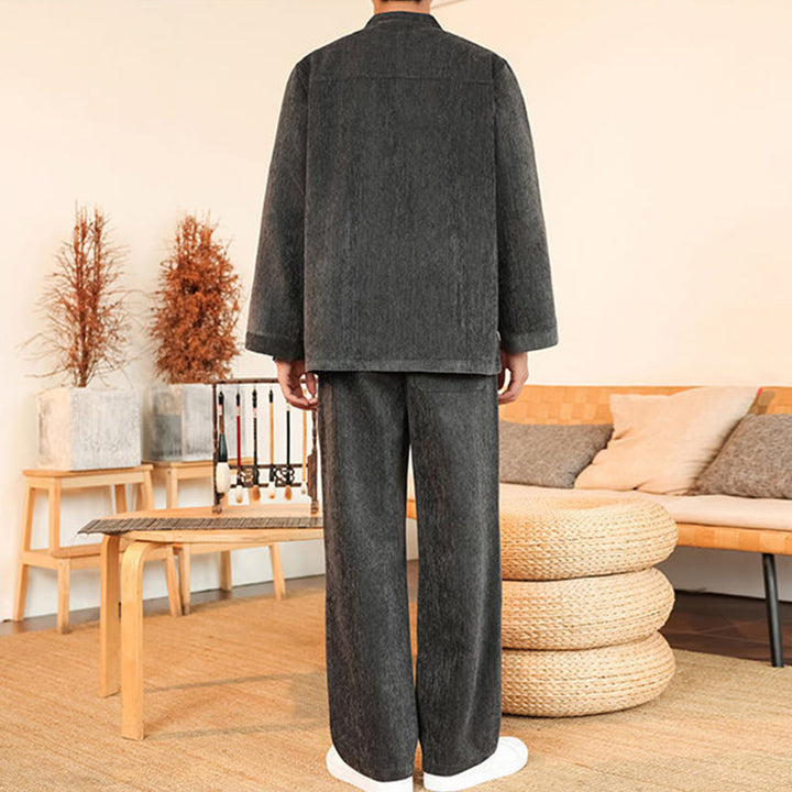 Buddha Stones, 2 szt., zimowy, gruby męski garnitur Tang, zapinany na guziki żabki, bawełniany sztruks, kurtka z długim rękawem i spodnie z kieszeniami - image 12