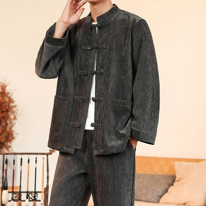 Buddha Stones, 2 szt., zimowy, gruby męski garnitur Tang, zapinany na guziki żabki, bawełniany sztruks, kurtka z długim rękawem i spodnie z kieszeniami - image 17