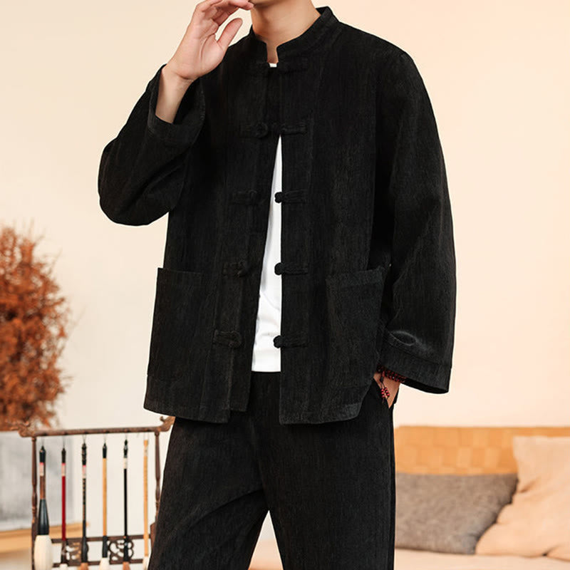 Buddha Stones, 2 szt., zimowy, gruby męski garnitur Tang, zapinany na guziki żabki, bawełniany sztruks, kurtka z długim rękawem i spodnie z kieszeniami - image 30