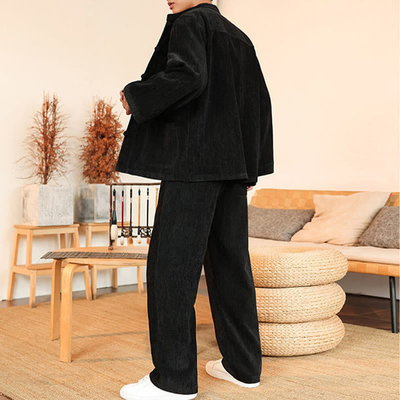 Buddha Stones, 2 szt., zimowy, gruby męski garnitur Tang, zapinany na guziki żabki, bawełniany sztruks, kurtka z długim rękawem i spodnie z kieszeniami - image 25