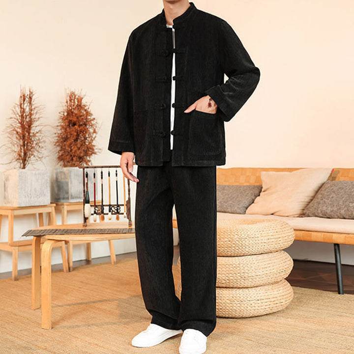 Buddha Stones, 2 szt., zimowy, gruby męski garnitur Tang, zapinany na guziki żabki, bawełniany sztruks, kurtka z długim rękawem i spodnie z kieszeniami - image 28