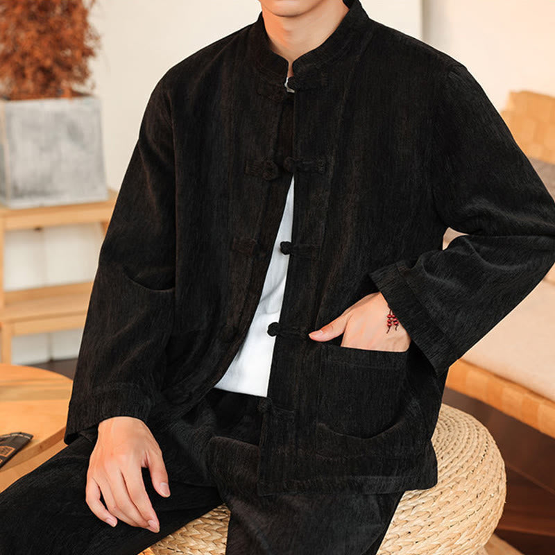 Buddha Stones, 2 szt., zimowy, gruby męski garnitur Tang, zapinany na guziki żabki, bawełniany sztruks, kurtka z długim rękawem i spodnie z kieszeniami - image 29