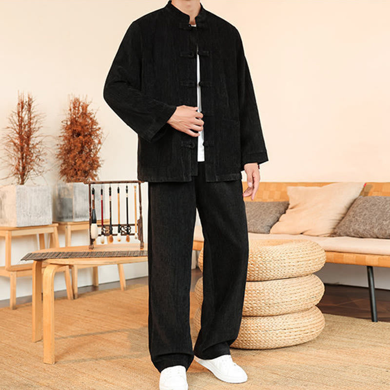 Buddha Stones, 2 szt., zimowy, gruby męski garnitur Tang, zapinany na guziki żabki, bawełniany sztruks, kurtka z długim rękawem i spodnie z kieszeniami - image 26