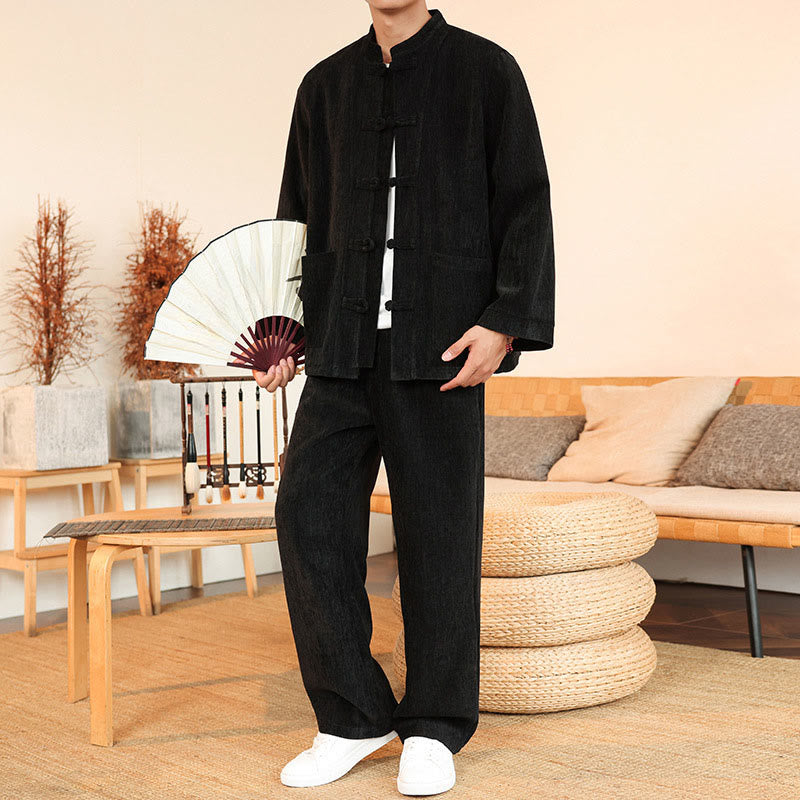 Buddha Stones, 2 szt., zimowy, gruby męski garnitur Tang, zapinany na guziki żabki, bawełniany sztruks, kurtka z długim rękawem i spodnie z kieszeniami - image 24