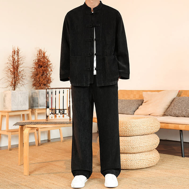 Buddha Stones, 2 szt., zimowy, gruby męski garnitur Tang, zapinany na guziki żabki, bawełniany sztruks, kurtka z długim rękawem i spodnie z kieszeniami - image 23