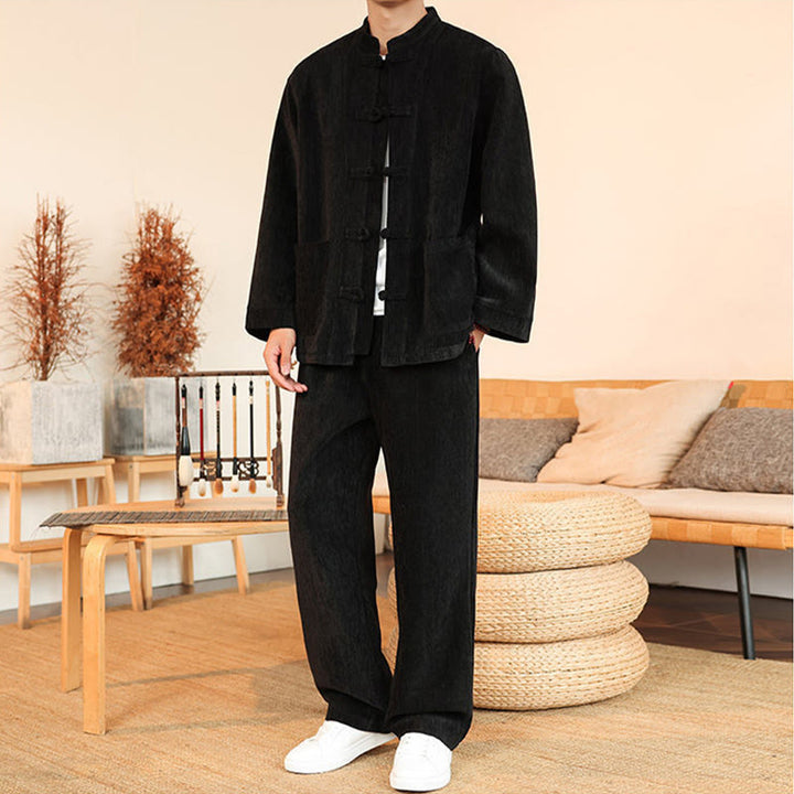 Buddha Stones, 2 szt., zimowy, gruby męski garnitur Tang, zapinany na guziki żabki, bawełniany sztruks, kurtka z długim rękawem i spodnie z kieszeniami - image 27