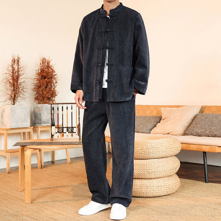 Buddha Stones, 2 szt., zimowy, gruby męski garnitur Tang, zapinany na guziki żabki, bawełniany sztruks, kurtka z długim rękawem i spodnie z kieszeniami - image 4