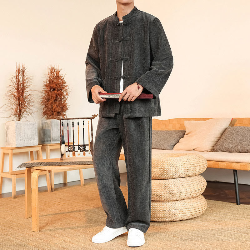 Buddha Stones, 2 szt., zimowy, gruby męski garnitur Tang, zapinany na guziki żabki, bawełniany sztruks, kurtka z długim rękawem i spodnie z kieszeniami - image 10