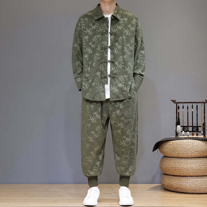 Buddha Stones, 2 szt., zimowy, gruby, bambusowy, męski strój tangowy, zapinany na guziki żabki, bawełniany sztruks, kurtka z długim rękawem i spodnie z kieszeniami - image 1