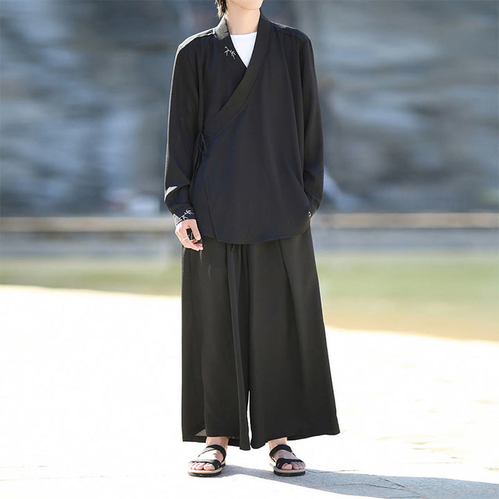 Buddha Stones, 2 szt., jesienne, sznurowane, bambusowe, haftowane, bawełniane, kimono, spodnie do kostek, męskie, z kieszeniami, zestaw do medytacji - Czarny - US/UK/AU46， EU56 (5XL) - image 0