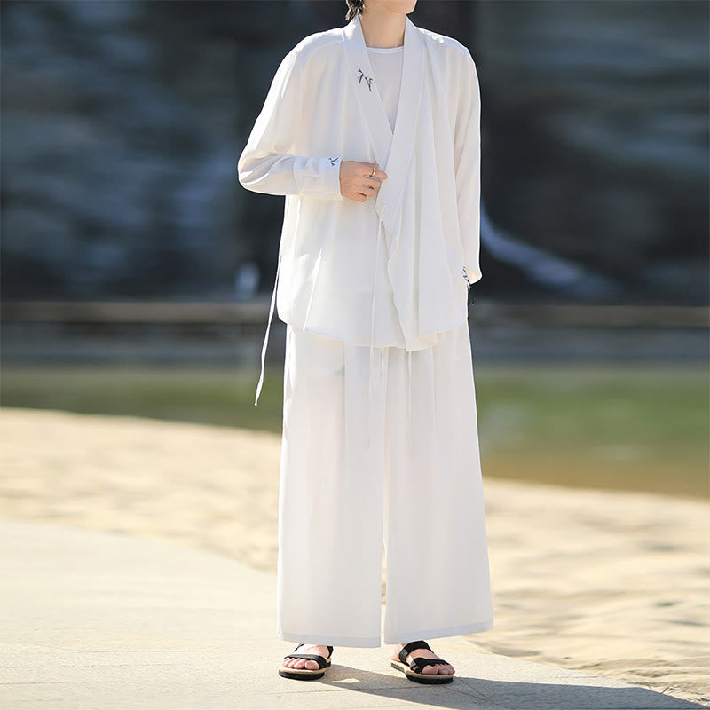 Buddha Stones, 2 szt., jesienne, sznurowane, bambusowe, haftowane, bawełniane, kimono, spodnie do kostek, męskie, z kieszeniami, zestaw do medytacji - Biały - US/UK/AU46， EU56 (5XL) - image 7