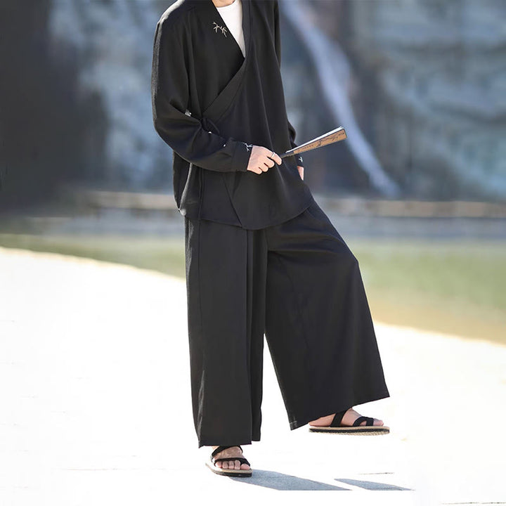 Buddha Stones, 2 szt., jesienne, sznurowane, bambusowe, haftowane, bawełniane, kimono, spodnie do kostek, męskie, z kieszeniami, zestaw do medytacji - image 3