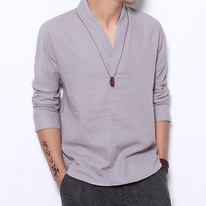 Koszula Buddha Stones Casual V-Neck Długi Rękaw Lniana Męska Odzież - Gainsboro - US/UK/AU44，EU54 (5XL) - image 0