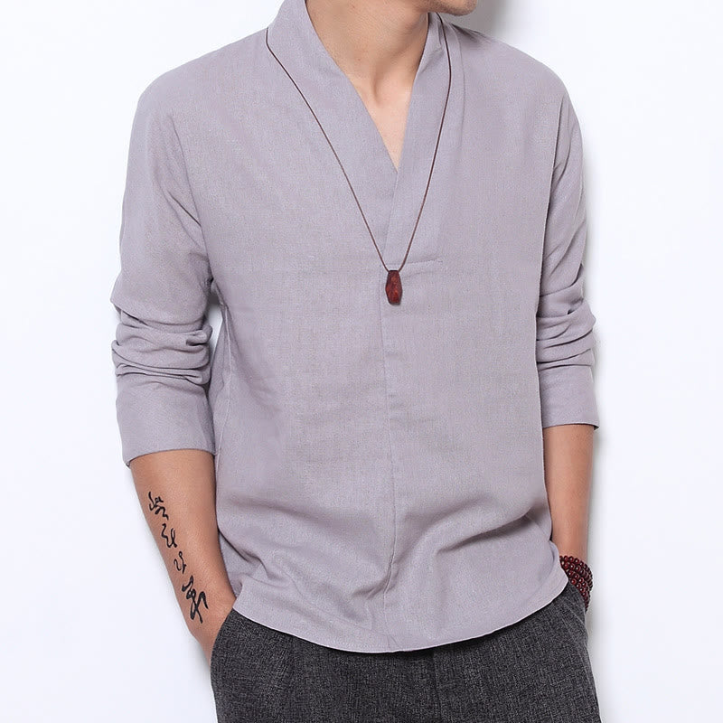 Koszula Buddha Stones Casual V-Neck Długi Rękaw Lniana Męska Odzież - Gainsboro - US/UK/AU44，EU54 (5XL) - image 0