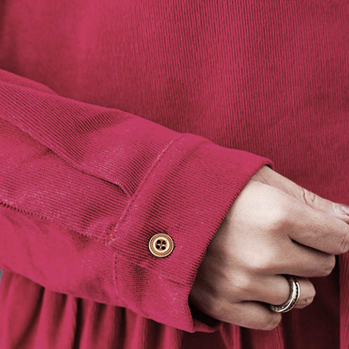 Sukienka midi z bawełny sztruksowej z długimi rękawami i kieszeniami, z motywem jesiennych Buddha Stones , zapinana na guziki - image 19