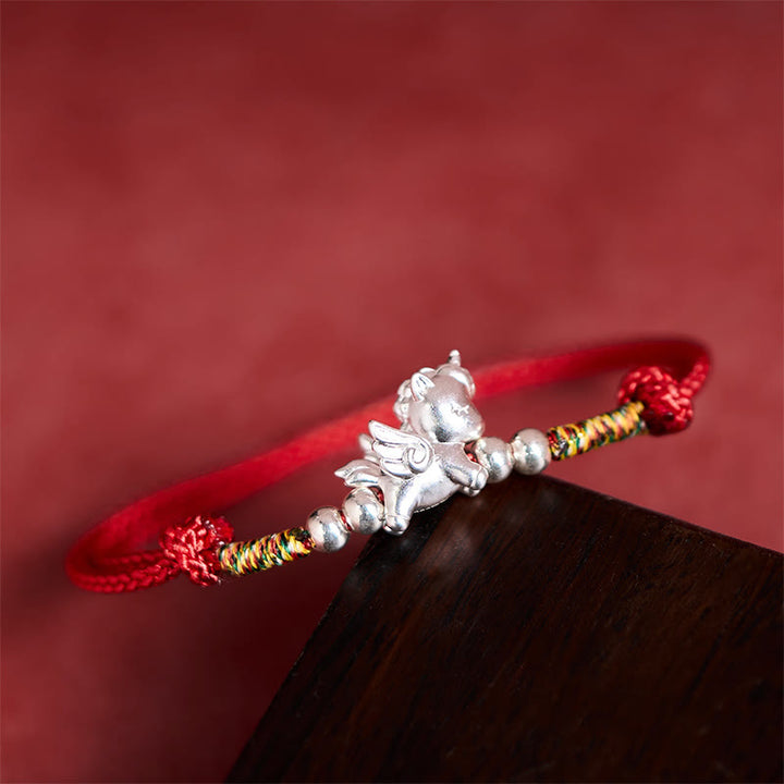 Bransoletka ze sznurka "Rok Konia" z Buddha Stones ze srebra próby 925 i symbolem dobrobytu - Czerwony (obwód nadgarstka: 14-18 cm) - image 0