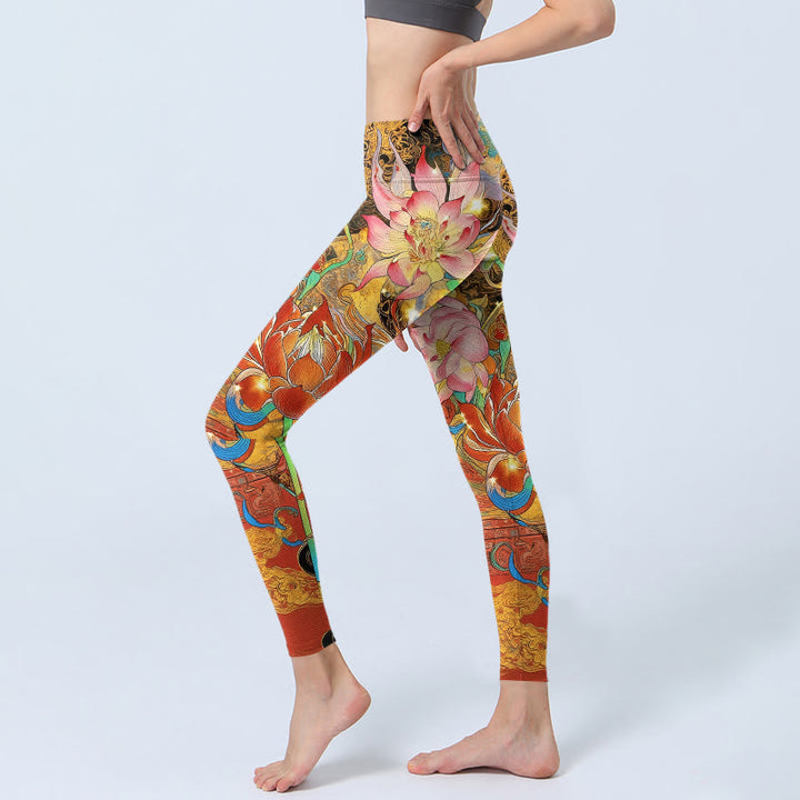 Legginsy do jogi damskie z nadrukiem w kwiaty koi i chmurę, Buddha Stones , wzór lotosu - image 2