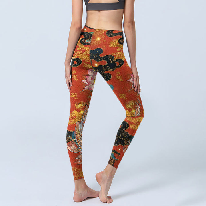 Legginsy do jogi damskie z nadrukiem w kwiaty koi i chmurę, Buddha Stones , wzór lotosu - image 4