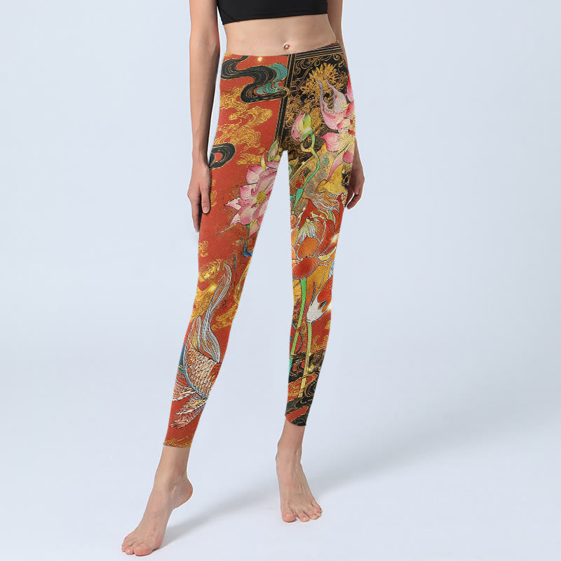 Legginsy do jogi damskie z nadrukiem w kwiaty koi i chmurę, Buddha Stones , wzór lotosu - image 5